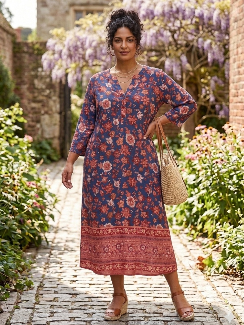 Summer 2X-Blue Floral Midi Sheath Dress with Coral Accents